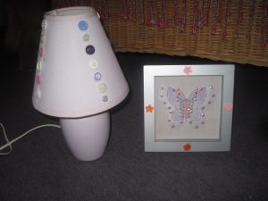 lilac table lamp and photo frame after