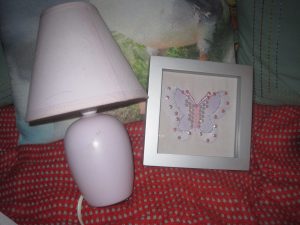 lilac table lamp and photo frame before